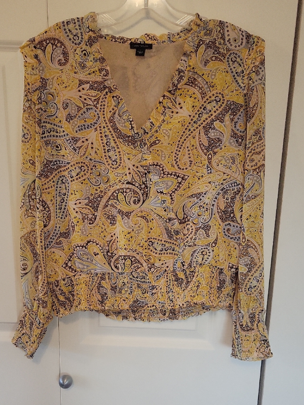 Ann Taylor Yellow Paisley V-Neck Long-Sleeve Blouse